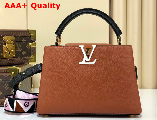 Louis Vuitton Capucines MM Handbag Gold Noir Taurillon Leather and Features a Wide Colorful Strap Replica