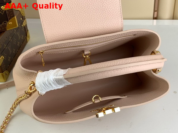 Louis Vuitton Capucines MM Handbag Quartz White Taurillon Leather Gold Color and Multicolor Finish Hardware Replica