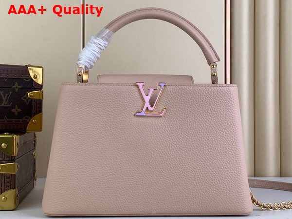 Louis Vuitton Capucines MM Handbag Quartz White Taurillon Leather Gold Color and Multicolor Finish Hardware Replica