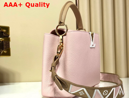 Louis Vuitton Capucines MM Handbag Rose Beige Taurillon Leather and Features a Wide Colorful Strap Replica