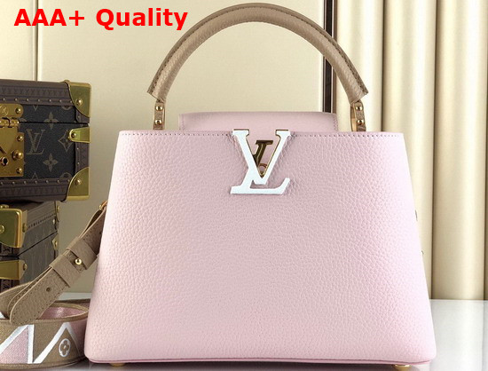 Louis Vuitton Capucines MM Handbag Rose Beige Taurillon Leather and Features a Wide Colorful Strap Replica