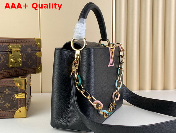 Louis Vuitton Capucines MM Handbag in Black Taurillon Leather with Multicolored Chain Replica