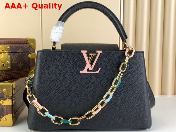 Louis Vuitton Capucines MM Handbag in Black Taurillon Leather with Multicolored Chain Replica