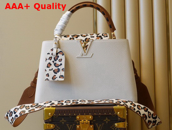 Louis Vuitton Capucines MM Handbag in Cream Taurillon Leather with a Bold Leopard Print Adorning the Flap M58575 Replica