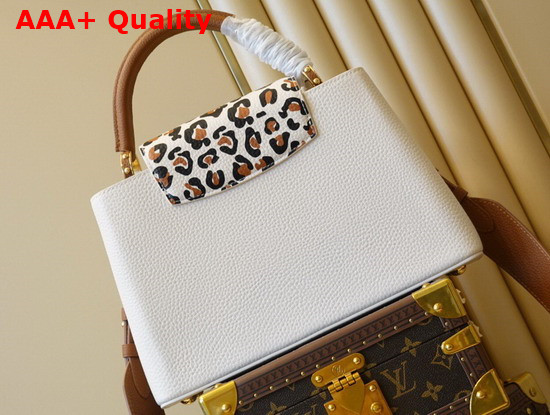 Louis Vuitton Capucines MM Handbag in Cream Taurillon Leather with a Bold Leopard Print Adorning the Flap M58575 Replica