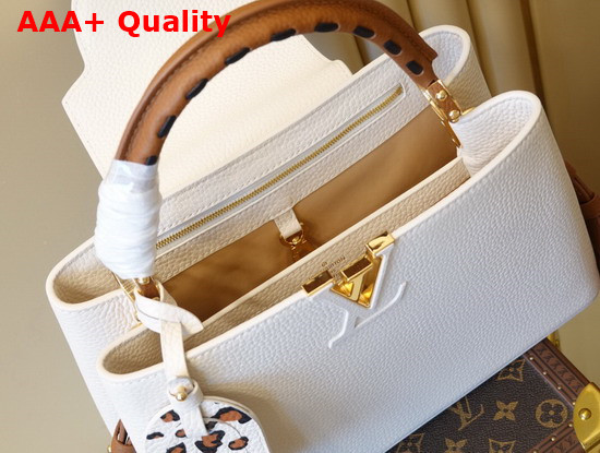 Louis Vuitton Capucines MM Handbag in Cream Taurillon Leather with a Bold Leopard Print Adorning the Flap M58575 Replica