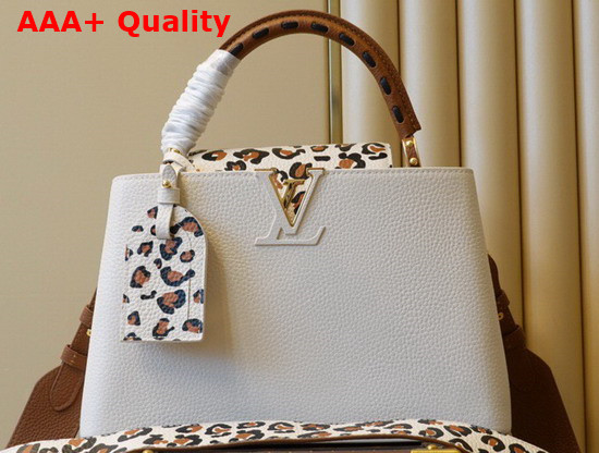 Louis Vuitton Capucines MM Handbag in Cream Taurillon Leather with a Bold Leopard Print Adorning the Flap M58575 Replica