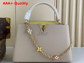 Louis Vuitton Capucines MM Handbag in Galet Gray Taurillon Leather Gold Color Chain Adorned with Colored Monogram Flowers Replica