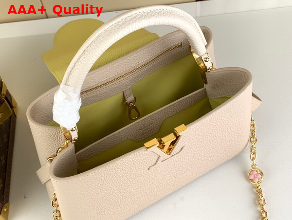 Louis Vuitton Capucines MM Handbag in Galet Gray Taurillon Leather Gold Color Chain Adorned with Colored Monogram Flowers Replica