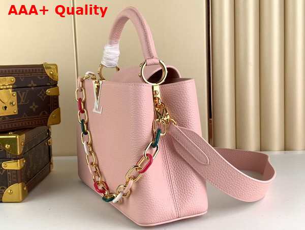 Louis Vuitton Capucines MM Handbag in Jasmine Pink Taurillon Leather with Multicolored Chain Replica