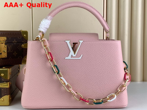 Louis Vuitton Capucines MM Handbag in Jasmine Pink Taurillon Leather with Multicolored Chain Replica