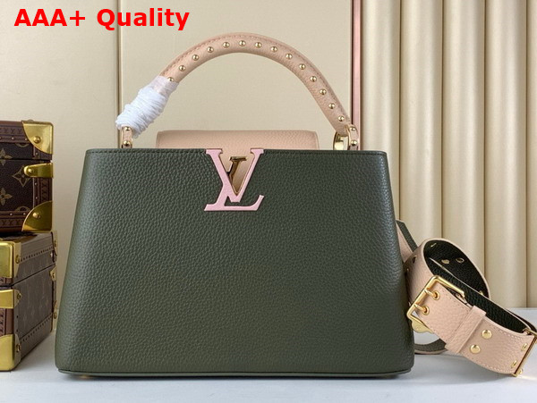 Louis Vuitton Capucines MM Handbag in Khaki Green and Pink Taurillon Leather Replica