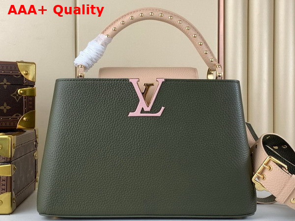 Louis Vuitton Capucines MM Handbag in Khaki Green and Pink Taurillon Leather Replica