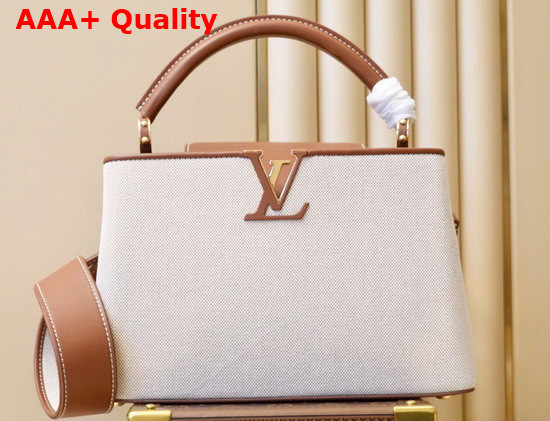 Louis Vuitton Capucines MM Handbag in Luminous Ecru Beige Canvas with Calfskin Details on the Flap M57361 Replica