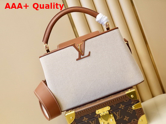 Louis Vuitton Capucines MM Handbag in Luminous Ecru Beige Canvas with Calfskin Details on the Flap M57361 Replica