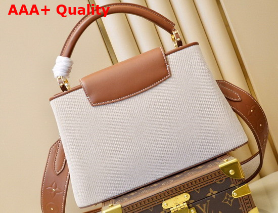 Louis Vuitton Capucines MM Handbag in Luminous Ecru Beige Canvas with Calfskin Details on the Flap M57361 Replica