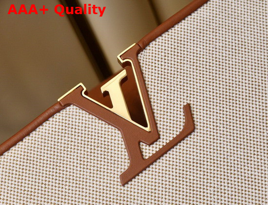 Louis Vuitton Capucines MM Handbag in Luminous Ecru Beige Canvas with Calfskin Details on the Flap M57361 Replica