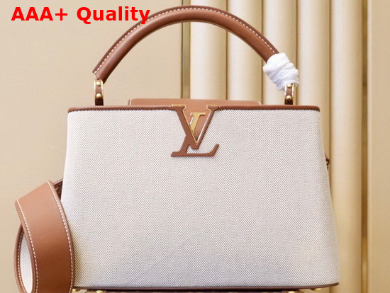 Louis Vuitton Capucines MM Handbag in Luminous Ecru Beige Canvas with Calfskin Details on the Flap M57361 Replica