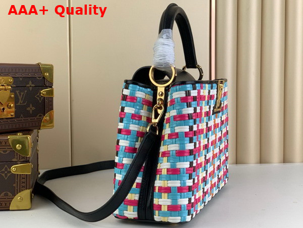 Louis Vuitton Capucines MM Handbag in Multicolor Coated Canvas Woven with Thin Bands Replica