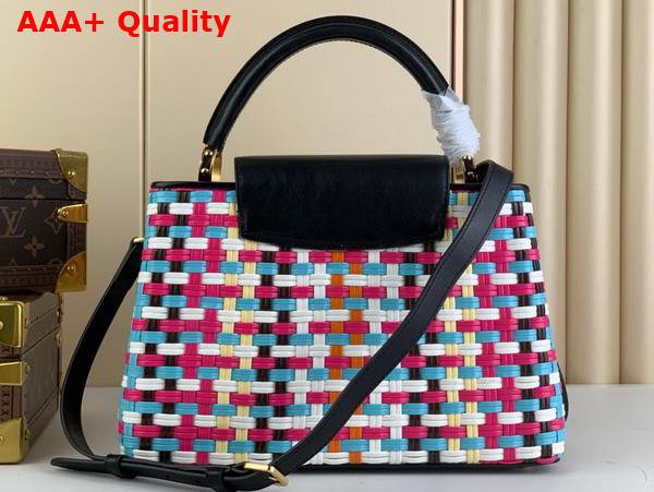 Louis Vuitton Capucines MM Handbag in Multicolor Coated Canvas Woven with Thin Bands Replica