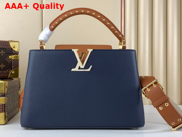 Louis Vuitton Capucines MM Handbag in Navy Blue and Cognac Taurillon Leather Replica