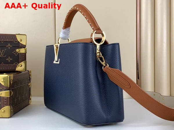 Louis Vuitton Capucines MM Handbag in Navy Blue and Cognac Taurillon Leather Replica