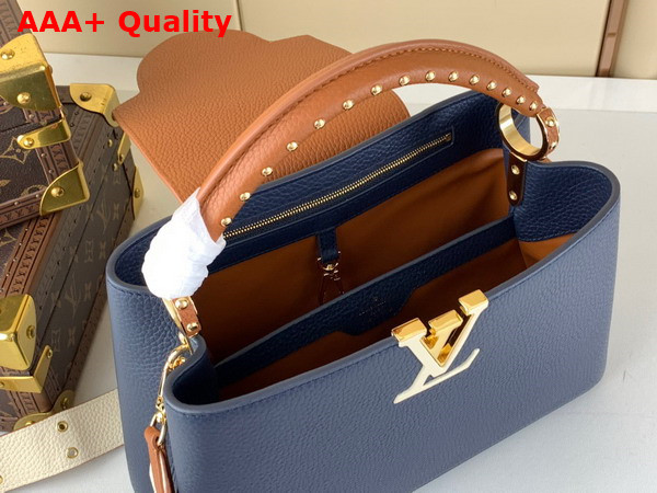 Louis Vuitton Capucines MM Handbag in Navy Blue and Cognac Taurillon Leather Replica