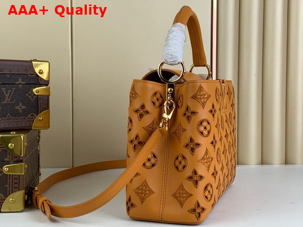 Louis Vuitton Capucines MM Handbag in Saffron Yellow Calfskin Perforated with the Monogram Pattern Replica