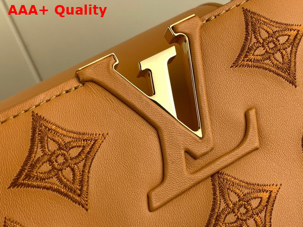 Louis Vuitton Capucines MM Handbag in Saffron Yellow Calfskin Perforated with the Monogram Pattern Replica