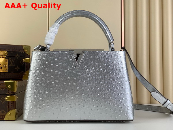 Louis Vuitton Capucines MM Handbag in Silver Ostrich Replica