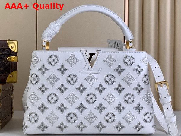 Louis Vuitton Capucines MM Handbag in Snow White Calfskin Perforated with the Monogram Pattern Replica