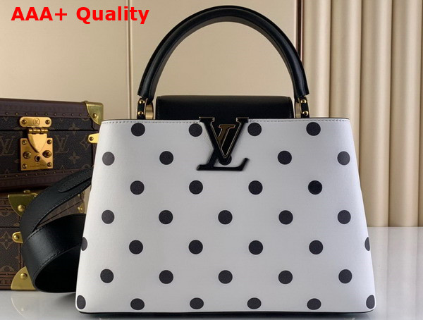 Louis Vuitton Capucines MM Handbag in White Calfskin with a Graphic Pattern of Black Polka Dots Replica