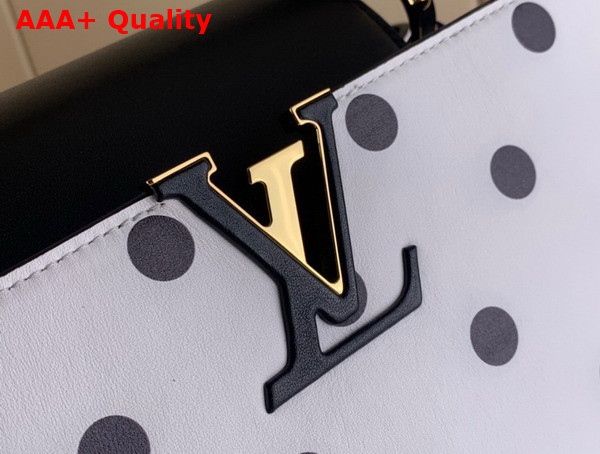 Louis Vuitton Capucines MM Handbag in White Calfskin with a Graphic Pattern of Black Polka Dots Replica