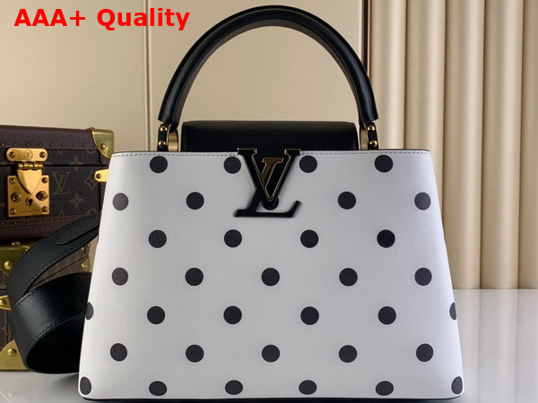 Louis Vuitton Capucines MM Handbag in White Calfskin with a Graphic Pattern of Black Polka Dots Replica