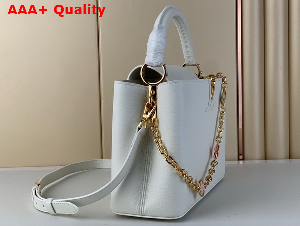 Louis Vuitton Capucines MM Handbag in White Taurillon Leather Gold Color Chain Adorned with Colored Monogram Flowers Replica