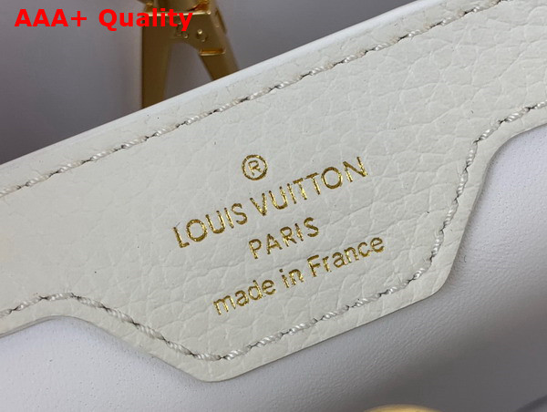 Louis Vuitton Capucines MM Handbag in White Taurillon Leather Gold Color Chain Adorned with Colored Monogram Flowers Replica