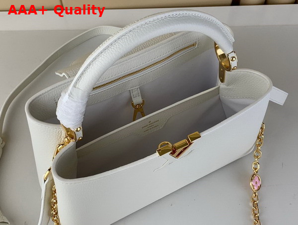 Louis Vuitton Capucines MM Handbag in White Taurillon Leather Gold Color Chain Adorned with Colored Monogram Flowers Replica