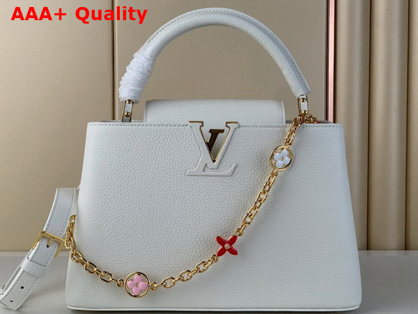 Louis Vuitton Capucines MM Handbag in White Taurillon Leather Gold Color Chain Adorned with Colored Monogram Flowers Replica