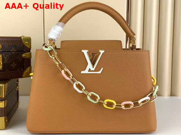 Louis Vuitton Capucines MM Handbags in Hazelnut Brown Taurillon Leather with Multicolored Chain M21652 Replica