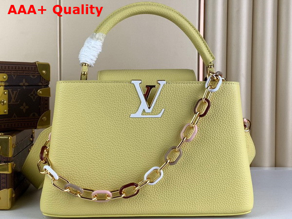 Louis Vuitton Capucines MM Handbags in Jaune Plume Yellow Taurillon Leather with Multicolored Chain Replica