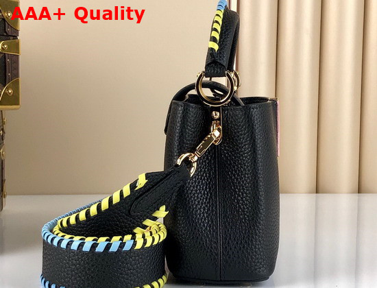 Louis Vuitton Capucines Mini Handbag Black Taurillon Leather Rainbow Color Leather Braided into the Strap and Handle Replica