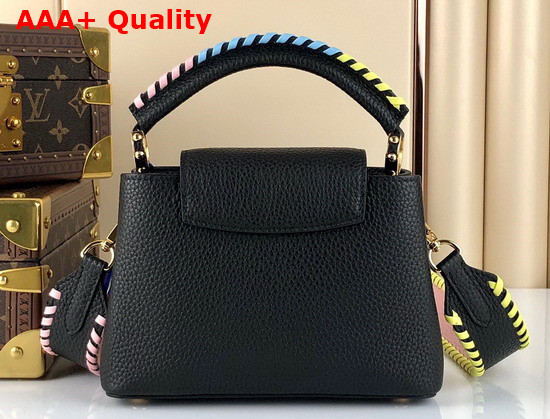 Louis Vuitton Capucines Mini Handbag Black Taurillon Leather Rainbow Color Leather Braided into the Strap and Handle Replica