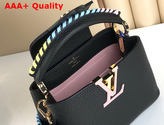 Louis Vuitton Capucines Mini Handbag Black Taurillon Leather Rainbow Color Leather Braided into the Strap and Handle Replica