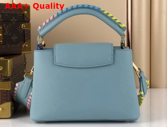 Louis Vuitton Capucines Mini Handbag Bleu Olympe Taurillon Leather Rainbow Color Leather Braided Into the Strap and Handle Replica