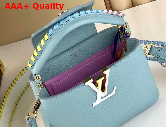 Louis Vuitton Capucines Mini Handbag Bleu Olympe Taurillon Leather Rainbow Color Leather Braided Into the Strap and Handle Replica