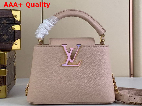 Louis Vuitton Capucines Mini Handbag Quartz White Taurillon Leather Gold Color and Multicolor Finish Hardware M23082 Replica