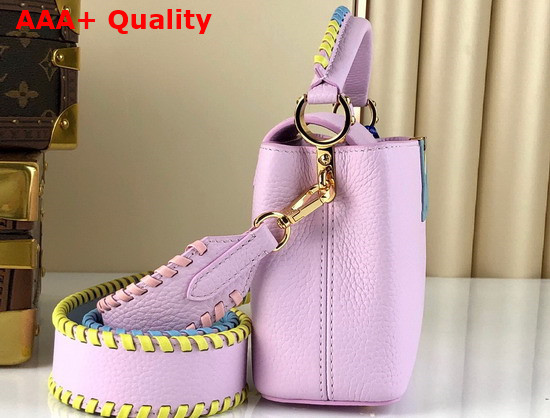 Louis Vuitton Capucines Mini Handbag Wisteria Light Pink Taurillon Leather Rainbow Color Leather Braided into the Strap and Handle M57945 Replica