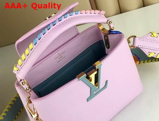 Louis Vuitton Capucines Mini Handbag Wisteria Light Pink Taurillon Leather Rainbow Color Leather Braided into the Strap and Handle M57945 Replica