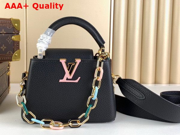 Louis Vuitton Capucines Mini Handbag in Black Taurillon Leather with Multicolored Chain M21641 Replica