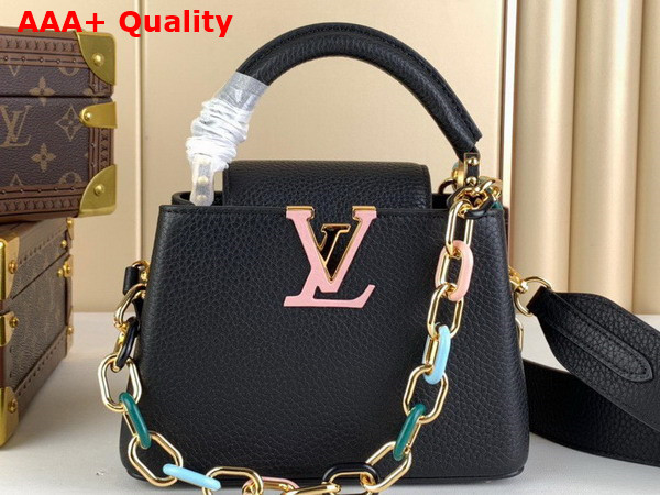 Louis Vuitton Capucines Mini Handbag in Black Taurillon Leather with Multicolored Chain M21641 Replica